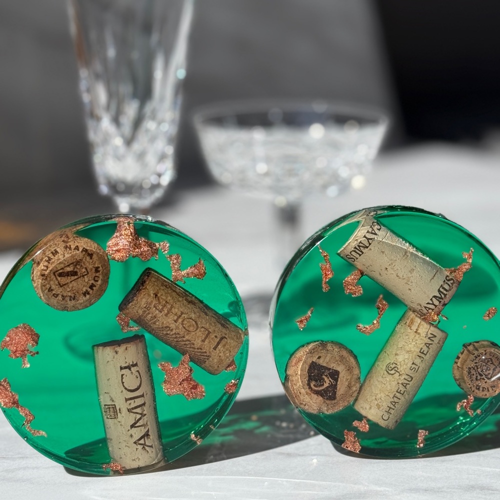 Set of 2 handmade translucent Green Resin Coasters with Cork Accents.